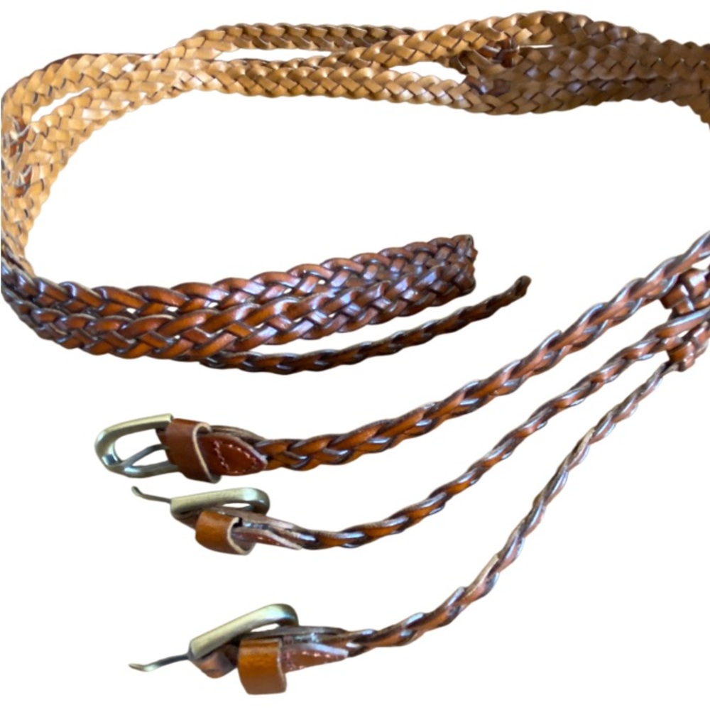 NWOT Triple Strand Solid Brass Triple Buckle Woven Leather Belt  Size L (40”) - Picture 2 of 6